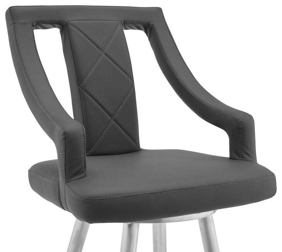 Maxen 26 Gray Faux Leather and Brushed Stainless Steel Swivel Bar Stool
