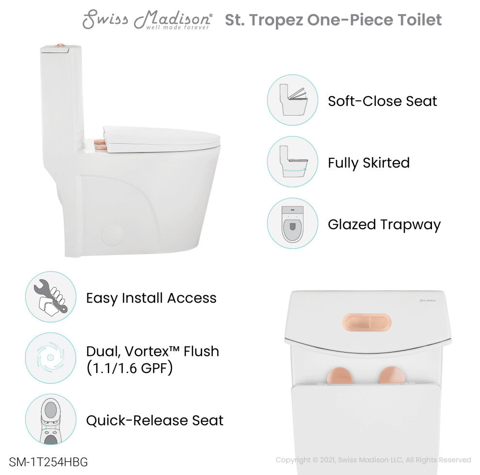 St. Tropez Elongated Toilet Dual Vortex Flush Glossy White, Rose Gold Hardware