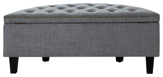 Laura Linen Button Tufted Nailhead Trim Half Moon Storage Ottoman, Light Grey
