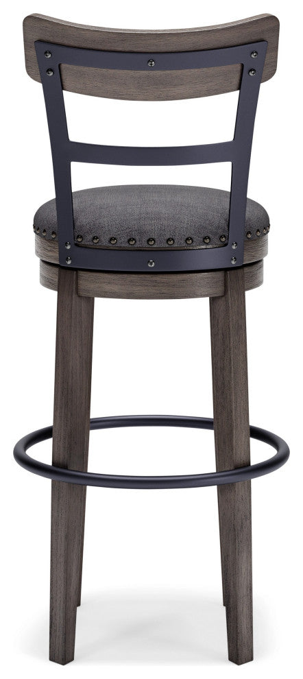 Benzara BM248094 Swivel Barstool With Nailhead Trim and Curved Panel Back, Gray
