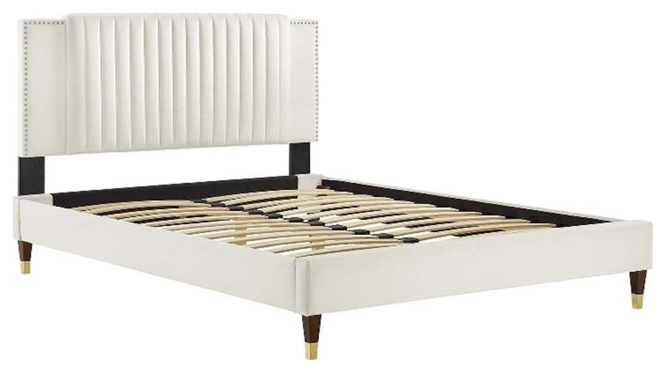 Zahra Channel Tufted Performance Velvet King Platform Bed, White