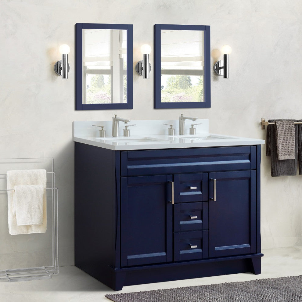 48" Double Sink Vanity, Blue Finish With Engineered Stone Top And Rectangle Sink