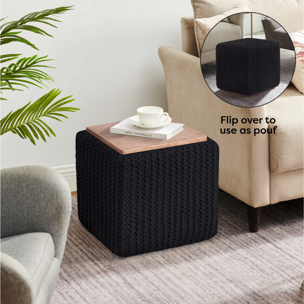 Loft Lyfe Roxy Ottoman, Hand Knitted, Wooden Tray, Cotton Yarn, Black