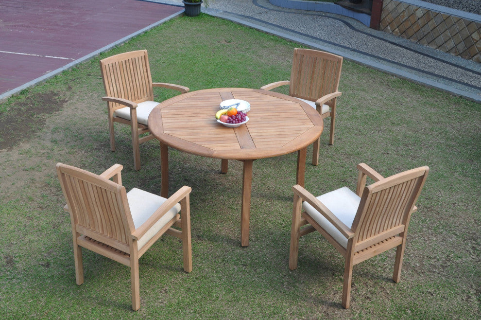 5-Piece Outdoor Teak Dining Set: 52" Round Table, 4 Wave Stacking Arm Chairs