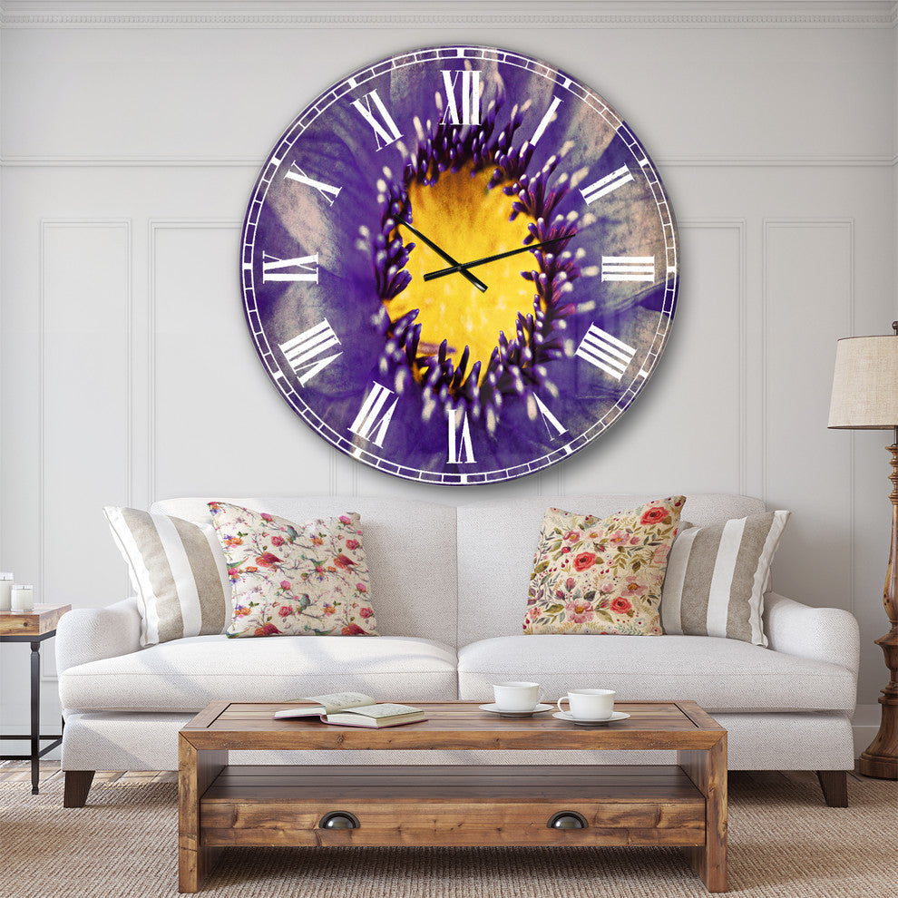 Blue Lotus Close Up Watercolor Flowers Round Metal Wall Clock, 36x36