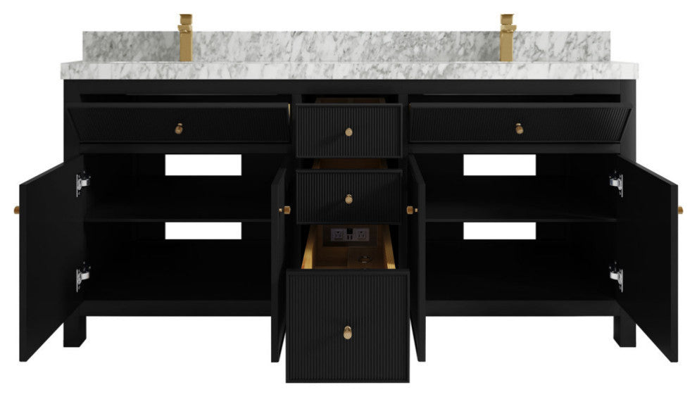 Sonoma 72 Double Sink Reeded Bath Vanity in Black 2" Carrara Marble