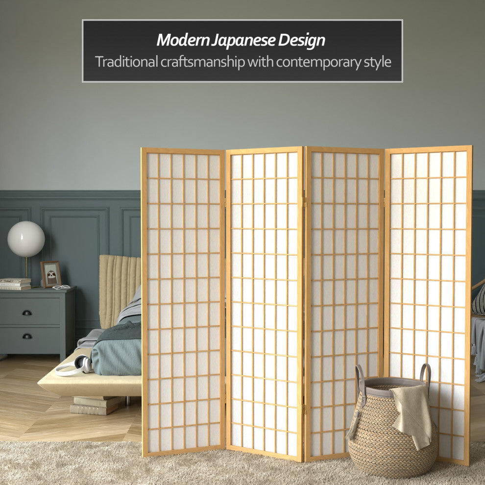5' Tall Window Pane Shoji Screen, Natural, 4 Panels
