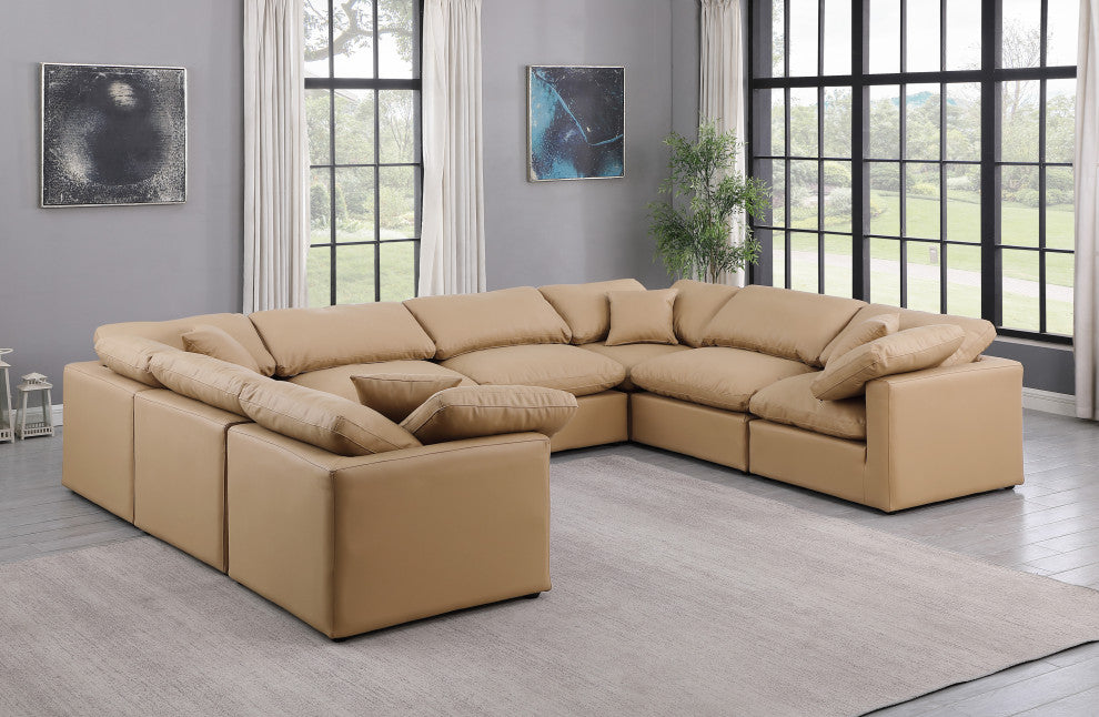 Indulge Upholstered Modular U-Shaped Sectional, Tan, 8-Piece: 4 Armless Chair, 4 Corner Chair, Fiber Stuffed Vegan Leather