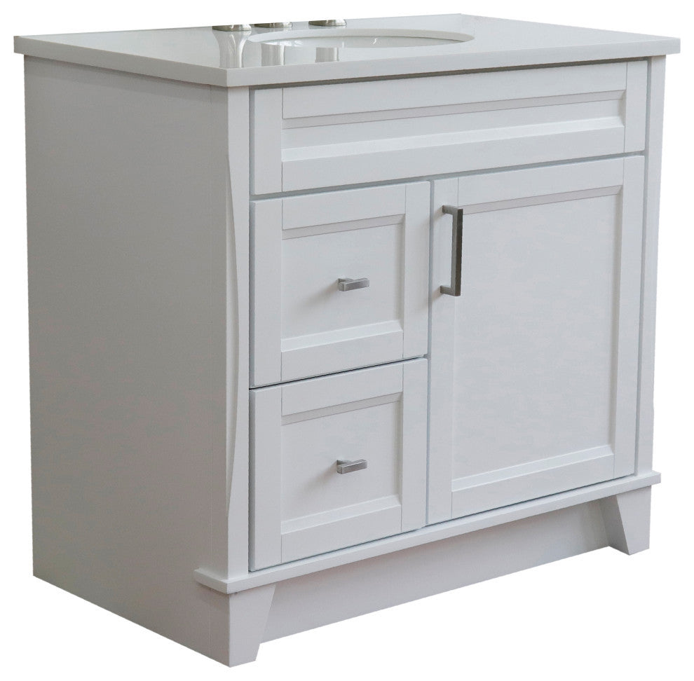 37" Single Sink Vanity, White Finish With White Engineered Stone Top