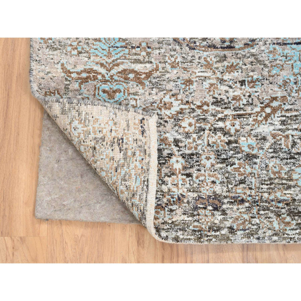 Gray, Modern Persian, Silk With Wool Hand Knotted Wide Runner Rug, 4'0"x10'0"