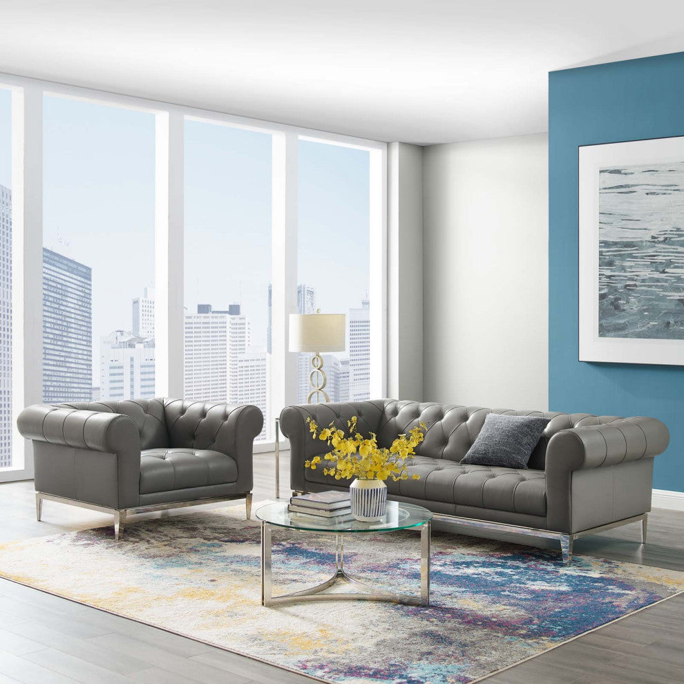 Tufted Armchair and Sofa Set, Leather, Gray, Modern, Lounge Hospitality