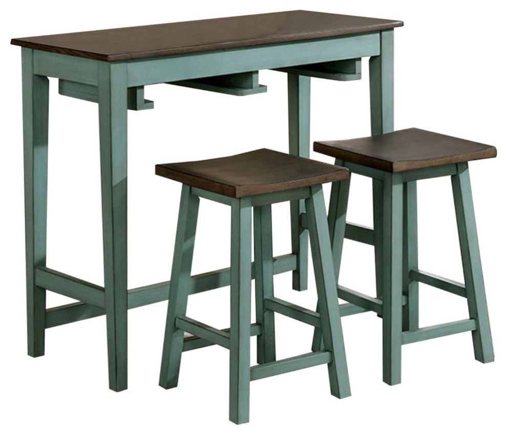 3 Piece Bar Table Set with Contoured Seat, Antique Blue and Brown