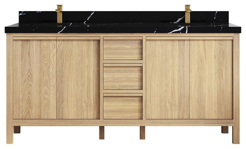 Elizabeth Oak 72" Double Sink Vanity, White 2" Calacatta Black