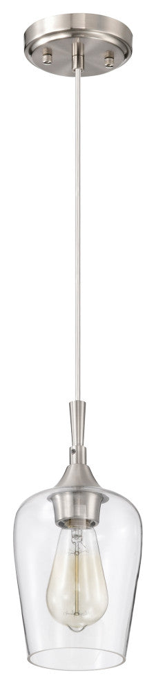 1-Light Brushed Nickel Modern Mini Pendant With Clear Glass Shade