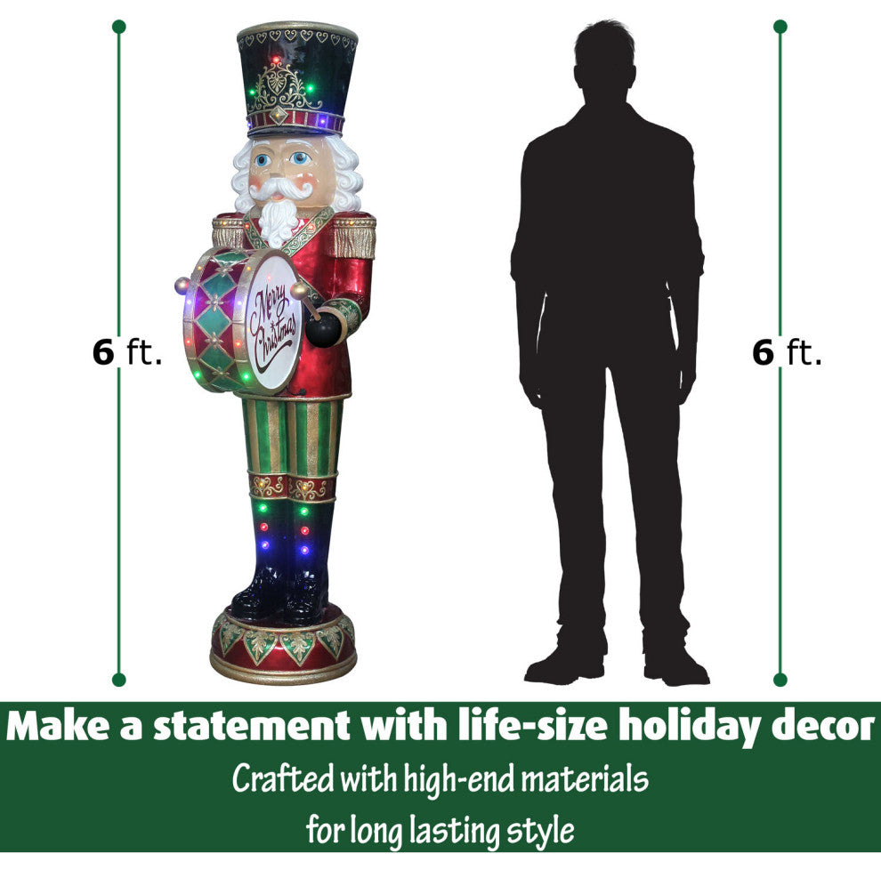 6' Nutcracker Playing Bass Drum With Moving Hands, Music, Timer, 32 LED Lights