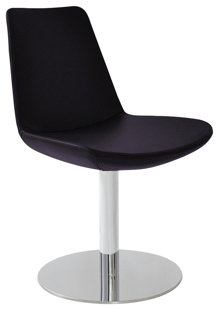 Eiffel Round Dining Chair, Stainless Steel Base, Black Leather, Top-Grain