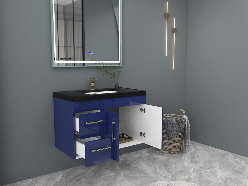 Rosa 36" Wall Mounted Modern Vanity, High Gloss Night Blue, Matt Black Top