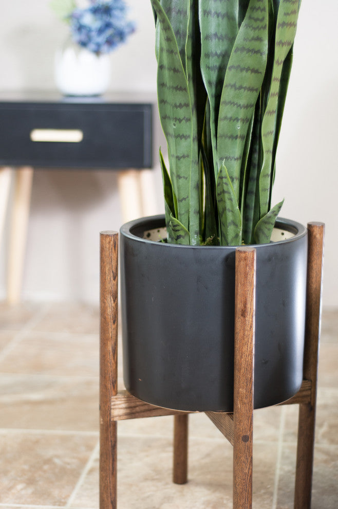 Large Ceramic Planter Cylinder Pot 10" Black With Plant Stand Dark Walnut