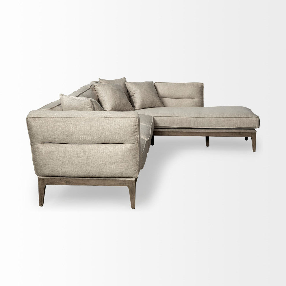 Denali III Beige Fabric, Solid Wood Frame Sectional Sofa, Cream/Brown, Right
