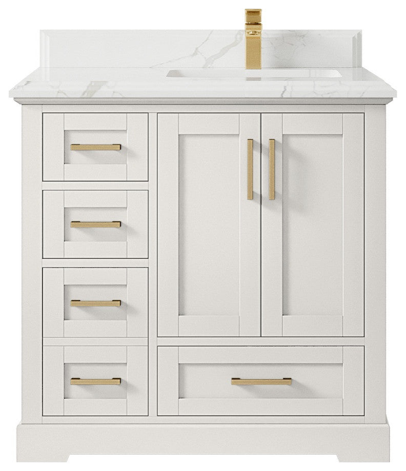 Boston 36" Right Offset Bath Vanity in Alabaster 1.5" Calacatta Laza