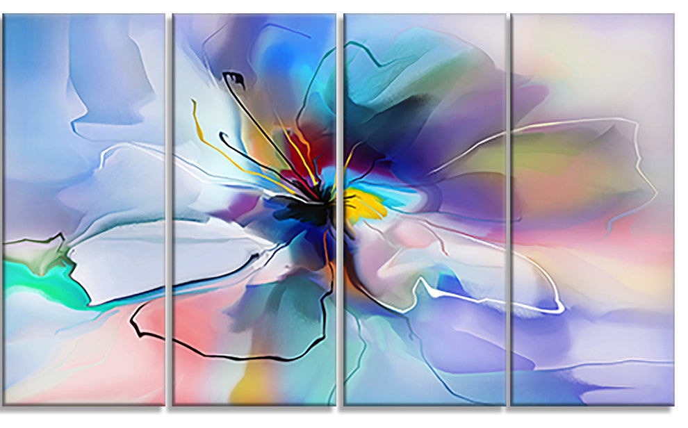 Abstract Creative Blue Flower, Extra Large Floral Wall Art, 48"x28", 4 Panels