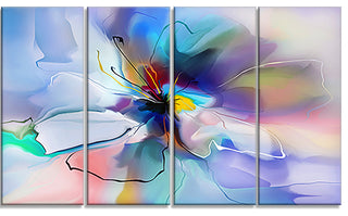 Abstract Creative Blue Flower, Extra Large Floral Wall Art, 48"x28", 4 Panels