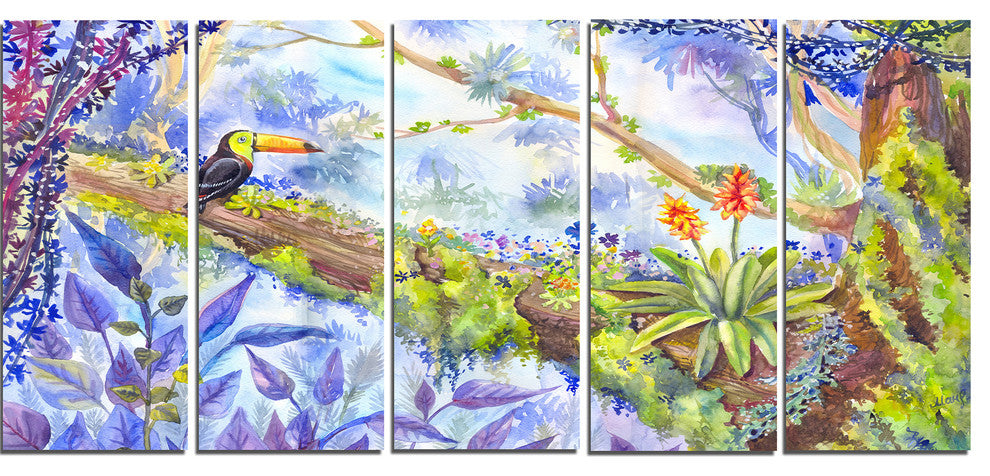 "Jungle With Bird Toucan On Tree" Wall Art Landscape, 5 Panels, 60"x28"