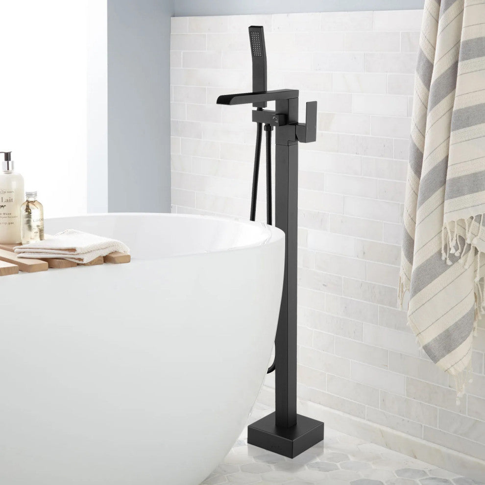 Waterfall Floor Mounted Tub Faucet With Hand Held Shower, Matte Black