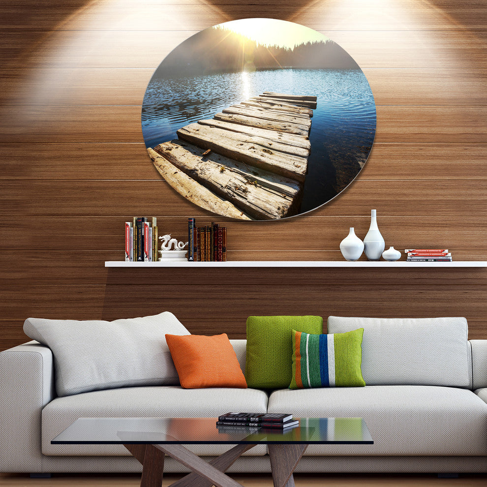 Wooden Pier Into The Lake, Seashore Large Disc Metal Wall Art, 11"