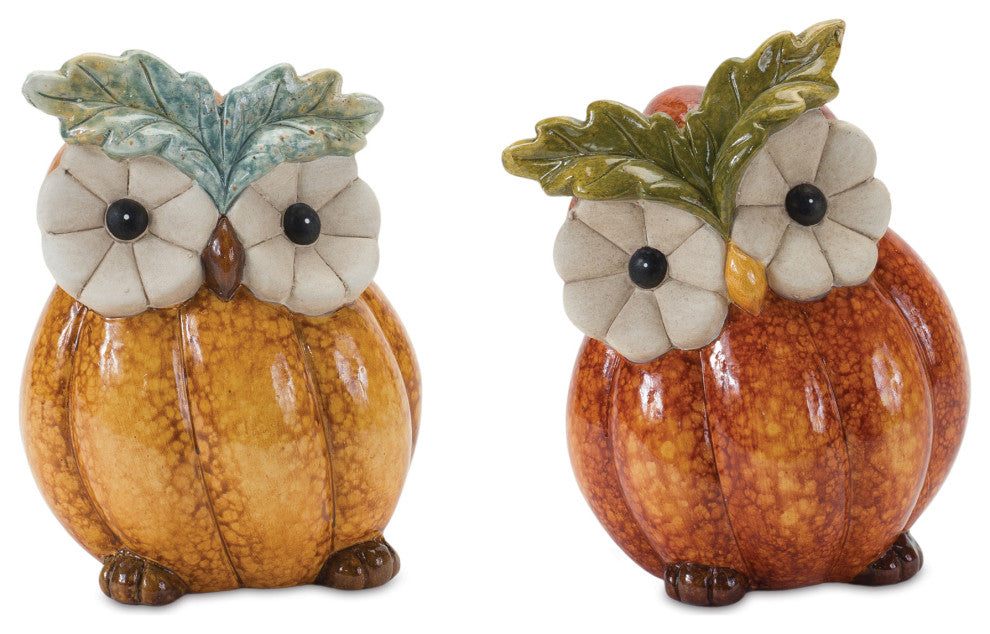 Terra Cotta Pumpkin Owl Figurine, Set of 2
