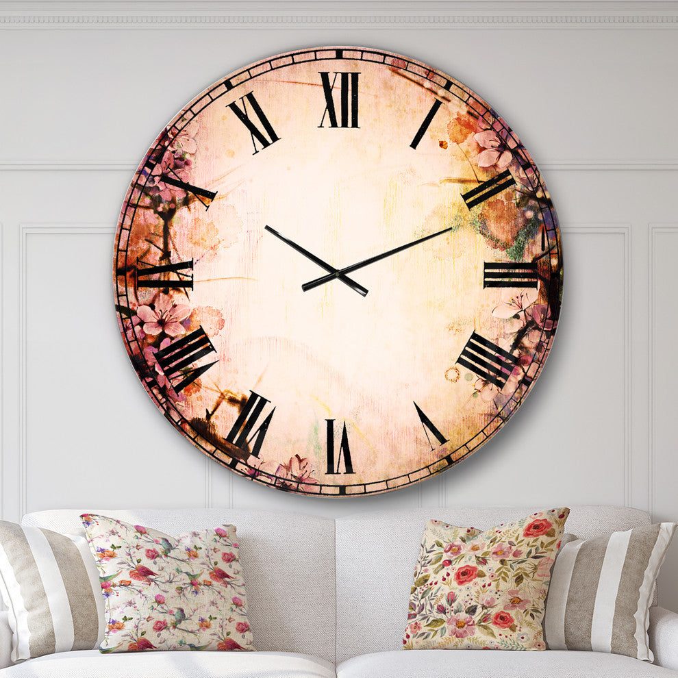 Pink Sakura On Blurred Background Floral Round Wall Clock, 36x36