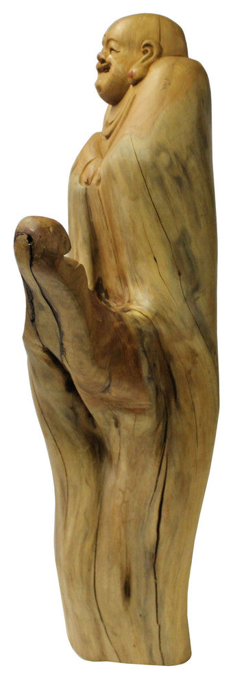 Chinese Cypress Wood Carved Standing Happy Buddha Statue
