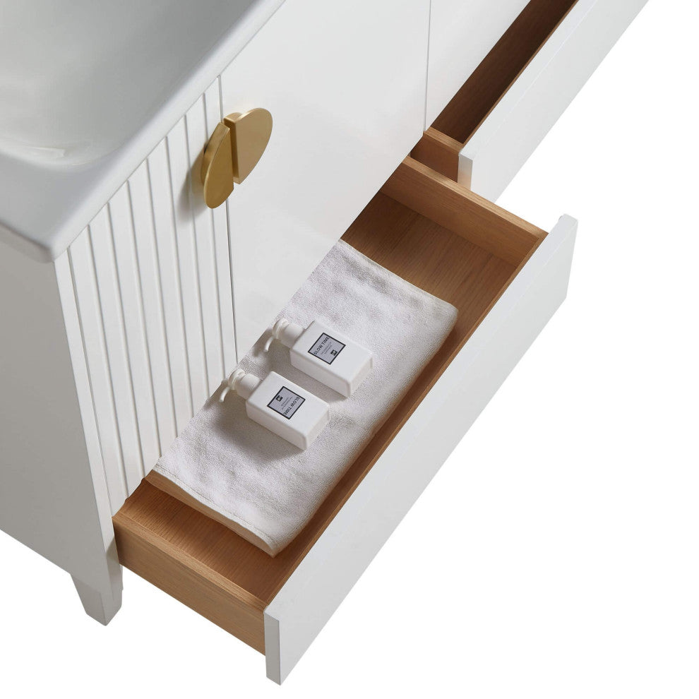 Venezian Single Bathroom Vanity, White, 48", Satin Brass Handles, Two Sinks