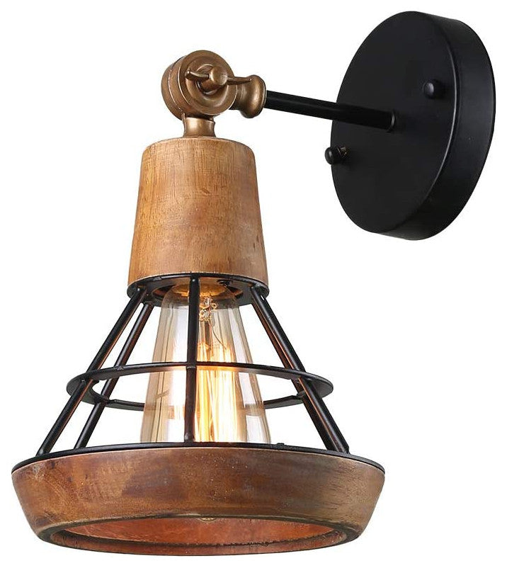 Vintage Wood Wall Sconce Industrial Cage Wall Light Fixture
