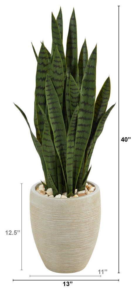 40" Sansevieria Artificial Plant, Sand Colored Planter