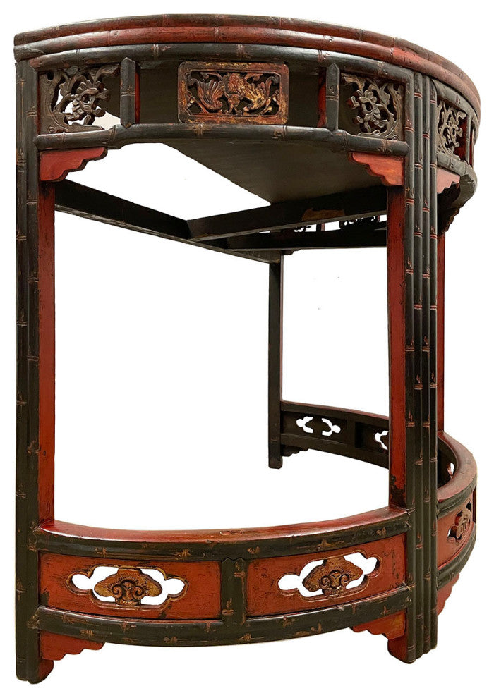 Consigned 19th Century Antique Chinese Carved Red lacquered Half Moon Tables