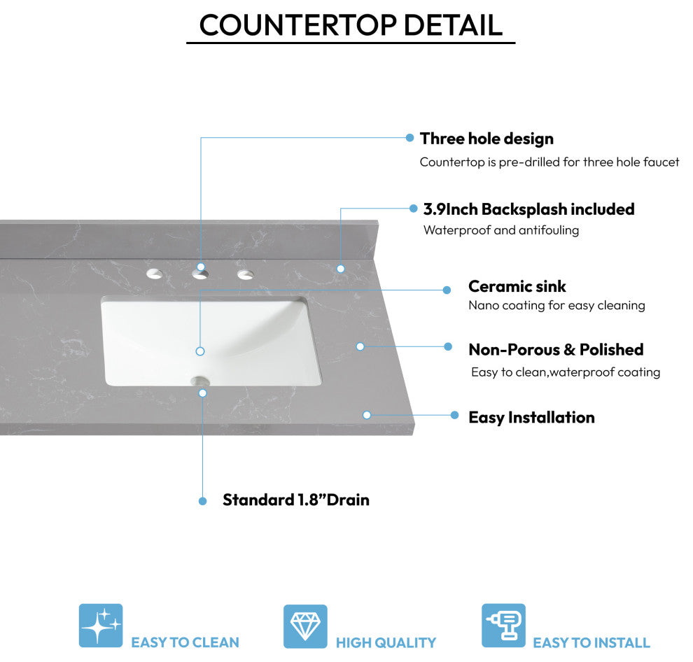 Jaen Composite Stone Vanity Top With Ceramic Sink, Reticulated Gray, 61"
