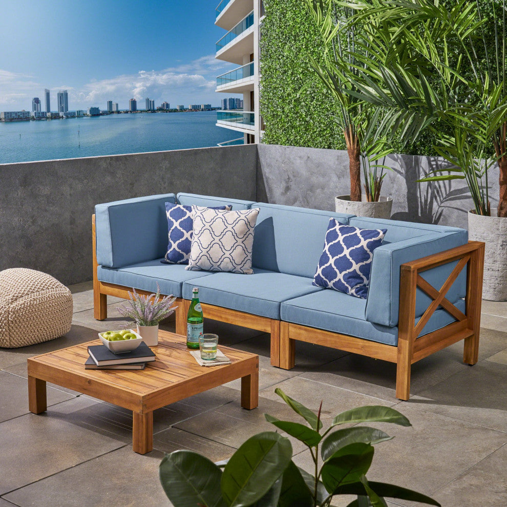 4 Pieces Patio Set, Cushioned Sectional Sofa & Table, Teak/Blue