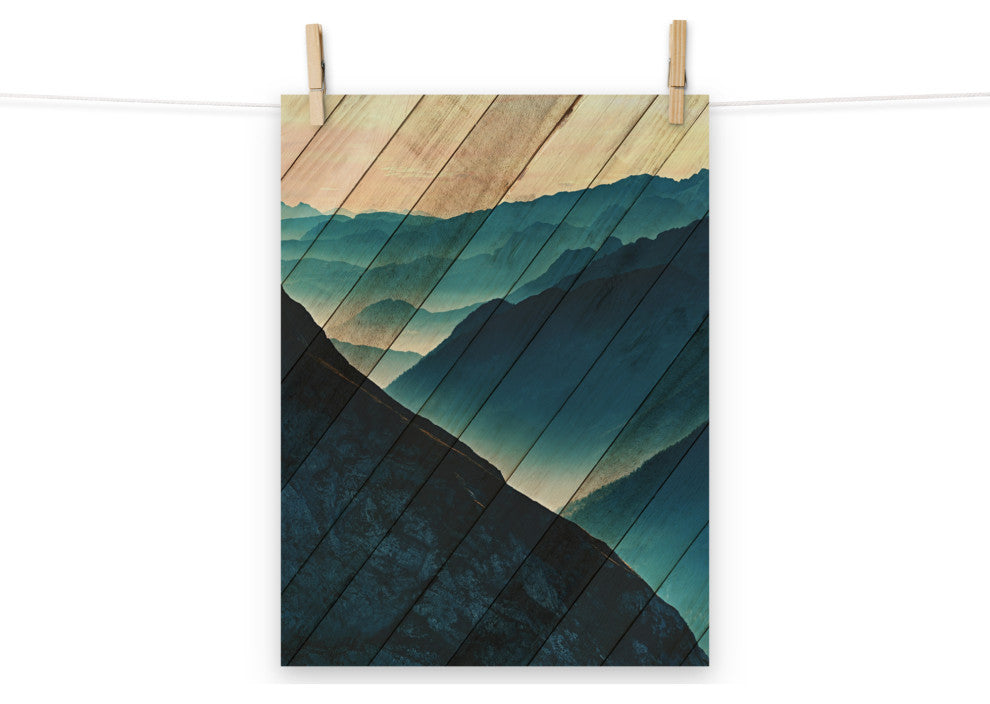 Faux Wood Misty Blue Silhouette Mountain Range Landscape Wall Art, 12" X 16"