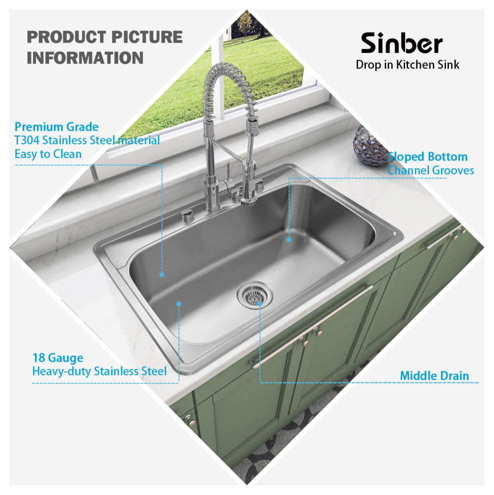 Sinber 33" Drop, Singel Bowl 304 Stainless Steel Kitchen Sink