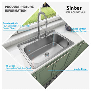 Sinber 33" Drop, Singel Bowl 304 Stainless Steel Kitchen Sink