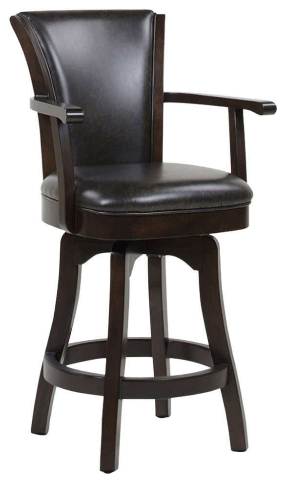Williams Swivel Bar and Counter Stool With Armrests, Vintage Black Brown Faux Leather, Counter Height