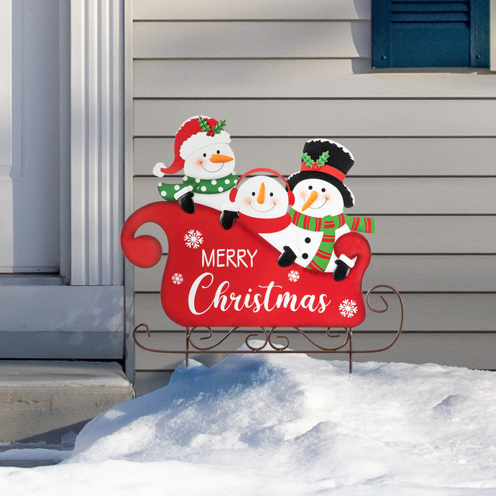 24"H Metal Snowmen Riding Sleigh Yard Stake
