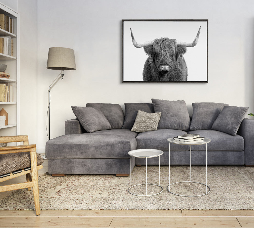 Sylvie Highland Cow Portrait Frame Canvas by Amy Peterson Art Studio, Gray 28x38