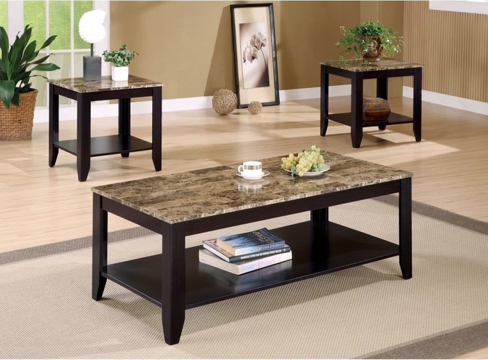 Benzara BM156358 Artistic 3 Piece Occasional Table Set With Marble Top, Brown