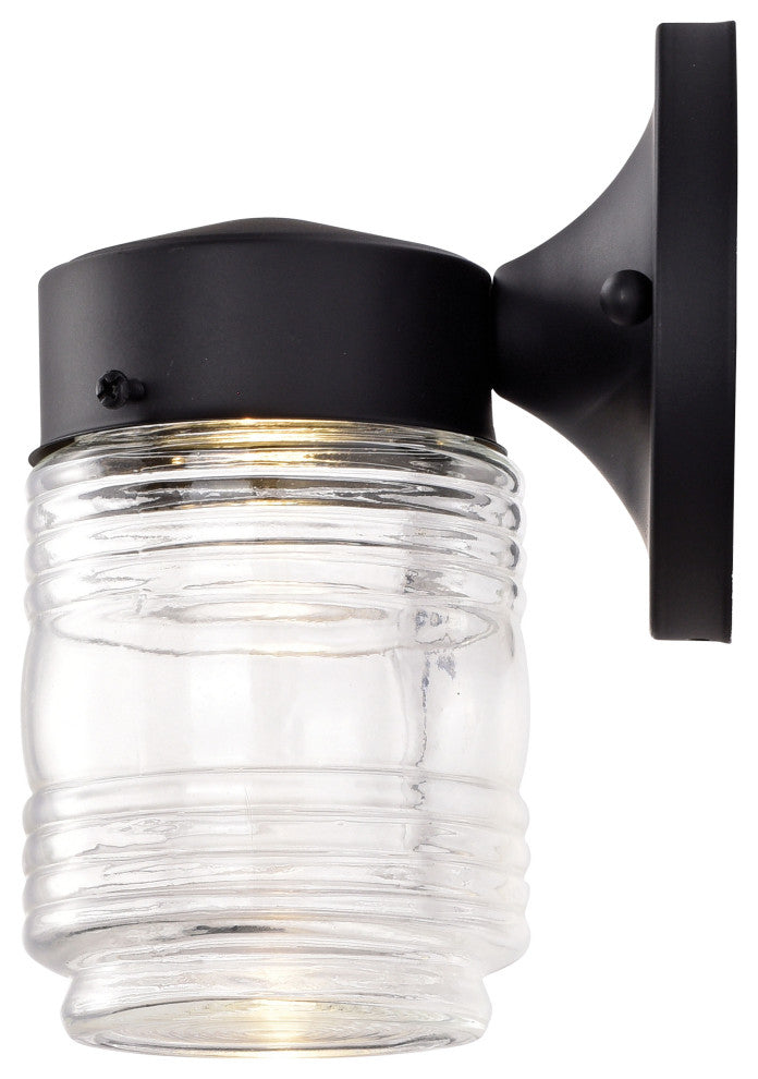 8W 1-Light Porch Wall, Mason Jar 3K, Black Finish With Clear Glass
