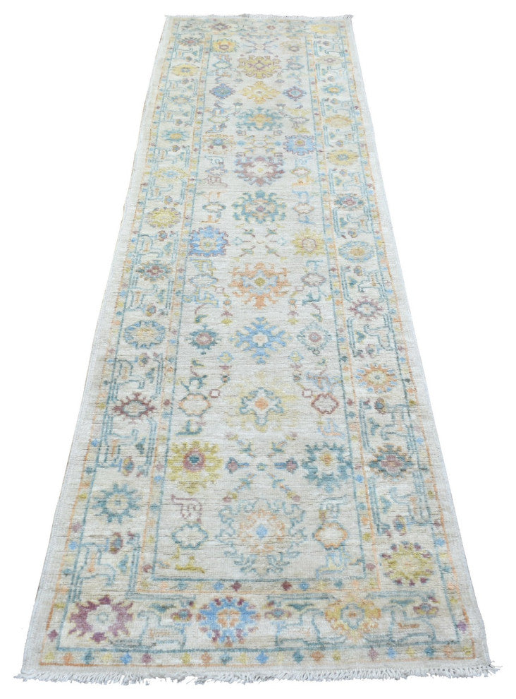 Afghan Angora Ushak Soft and Pliable Wool Hand Knotted Gray Runner Rug 2'8"x9'9"