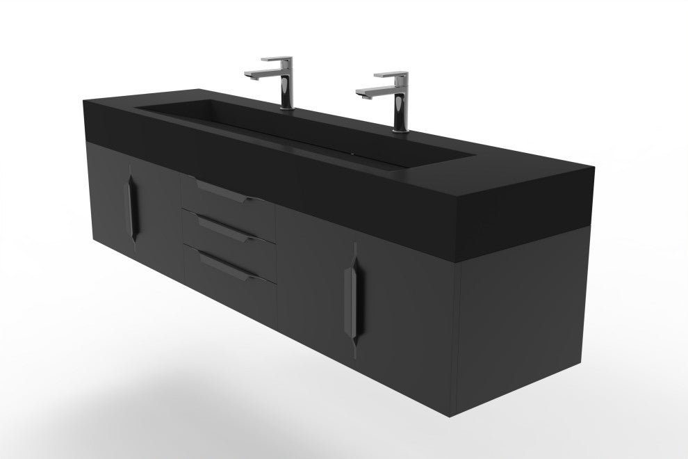 CastelloUSA Nile 72" Wall Mounted Vanity Set, Black, Black Top, Black Handles