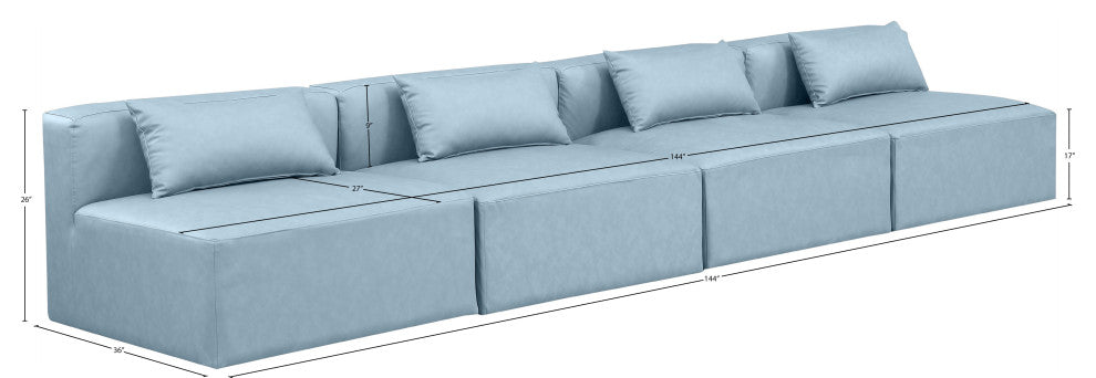 Cube Upholstered Modular Sofa, Light Blue, 4-Piece: 4 Armless Chair, Vegan Leather