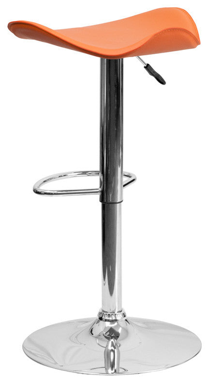 Contemporary Orange Vinyl Adjustable Barstool With Chrome Base
